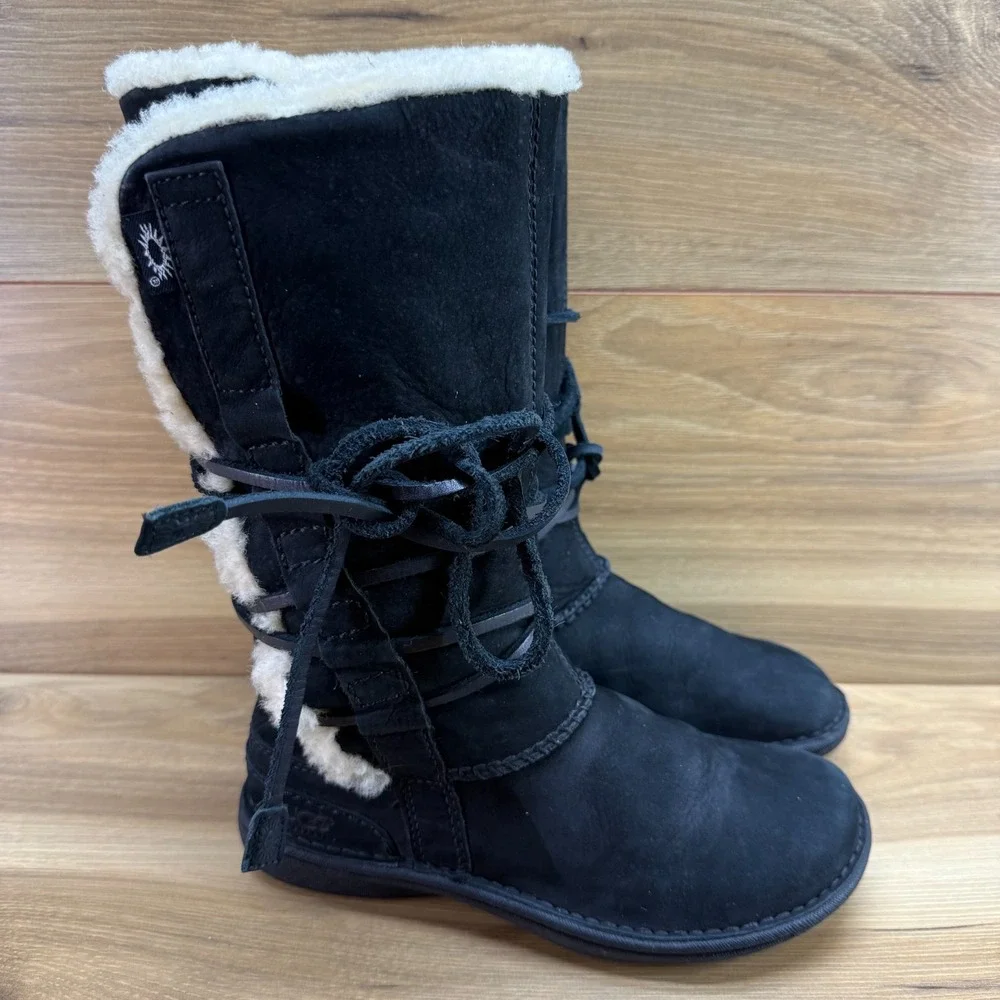 UGG Catalina Tie Lace Mid Calf Boot Womens 5 Black Leather Sherpa Shearling 1664